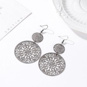 Vintage Openwork Carved Disc Scrub Drop Earrings Geometric Alloy, Silver Tone